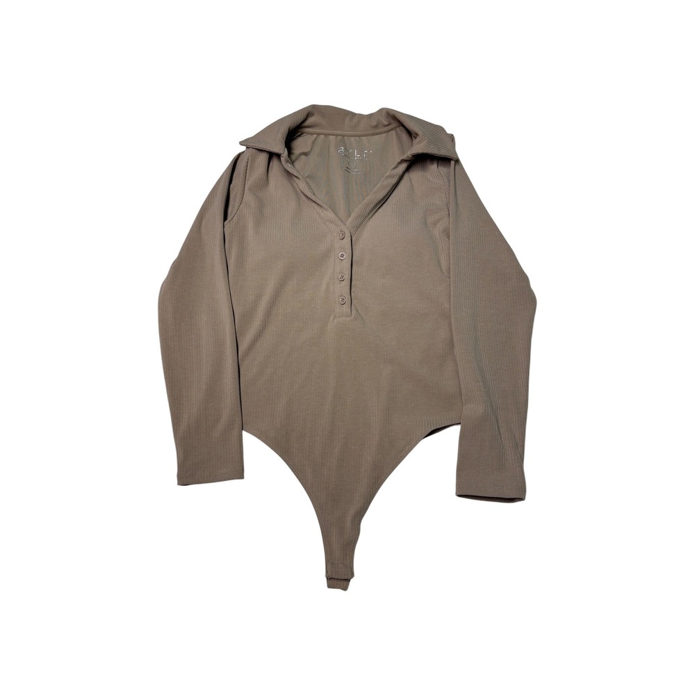 BYLT Premium Basics‎ Womens Ribbed Henley Bodysuit Fawn Brown Long Sleeve Size M